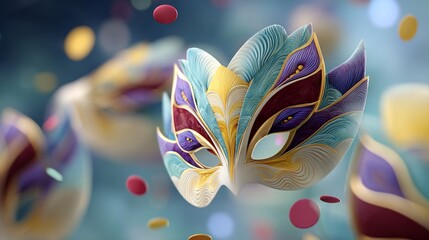 Ornate masquerade mask floats amidst colorful confetti
