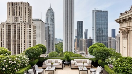 Fototapeta premium Urban rooftop garden with lush greenery, seating areas, and city views. 