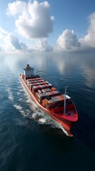 Obraz premium Red cargo ship sails on calm ocean under sunny skies