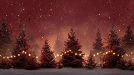 Naklejka premium Red winter forest scene with snow and lights