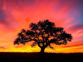 A majestic tree silhouette against a vibrant sunset sky, showcasing nature's beauty and tranquility.