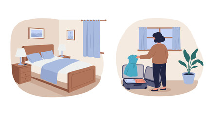 Person packing suitcase in cozy bedroom interior  