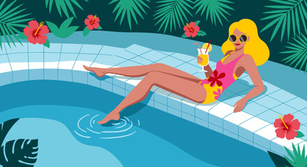 Woman relaxing with a cocktail by the pool surrounded by foliage  