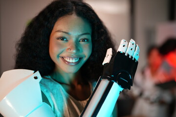 The research team is examining the robotic arm and developing new innovations. Bio-machines in the...