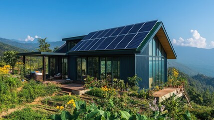 Obraz premium Eco-Friendly Mountaintop Home with Solar Panels and Stunning Views