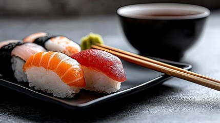Delicious Sushi Platter with Salmon, Tuna, and Shrimp Nigiri