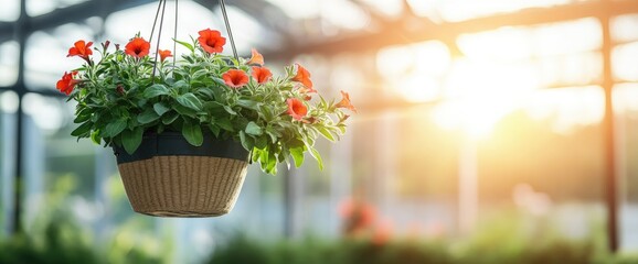 Hanging flower basket with red blooms and green foliage in natural light