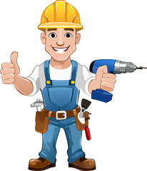 Smiling handyman holding drill and showing thumbs up sign