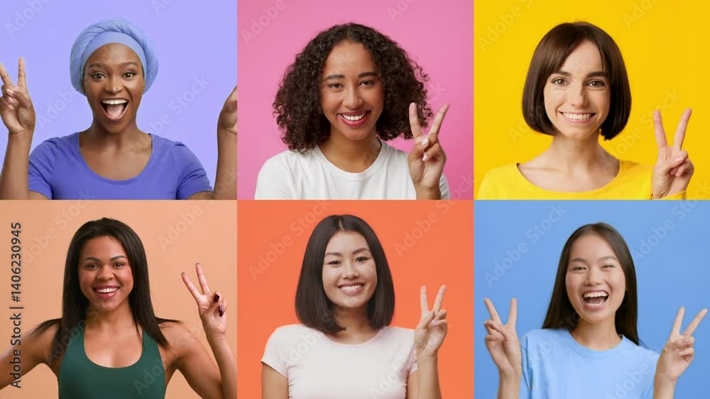 Poster a collection of six diverse individuals expressing joy and positivity while making v gestures for vi