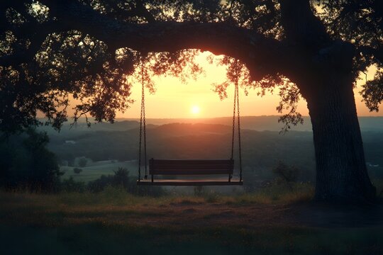 Swing under the old tree basking in the sunset glow