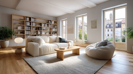 Fototapeta premium Sunlit living room with beige sofa, beanbag, bookshelves, and city view
