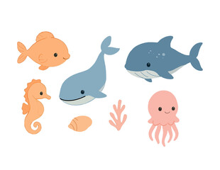 Playful Ocean Friends Vector Set Sea Animal Clipart Sticker Icon Whale, Seahorse, Coral, Fish & Underwater Icons illustration