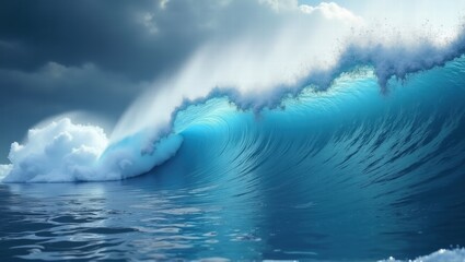 Naklejka premium A massive wave with vibrant blue and white hues crashing over the ocean, with a dramatic and dynamic splash of water creating a beautiful scene. Generative, AI,