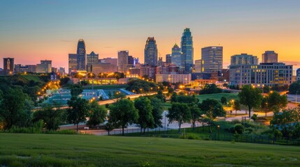 Fototapeta premium City skyline at dusk with modern architecture