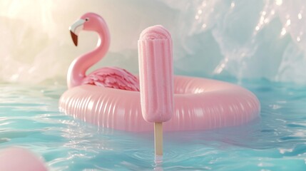 Pink Flamingo Float and Popsicle in Blue Water