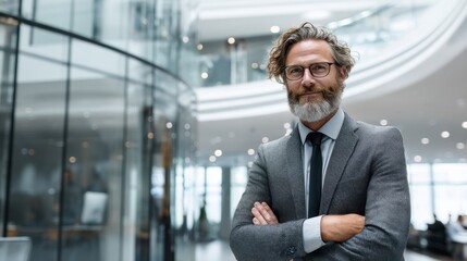 Fototapeta premium Confident businessman with arms crossed in modern building, showcasing professionalism