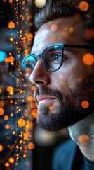 Man with glasses, looking at an abstract orange and blue glowing lights display with focused expression
