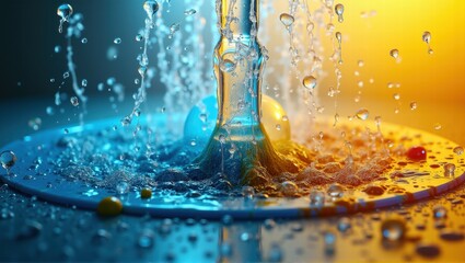 A close-up of water splashing, creating droplets around a central column of water. The scene features vibrant blue and orange lighting, highlighting the dynamic motion of water. Generative, AI,