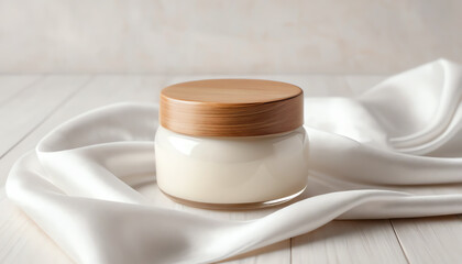 A luxurious cream jar on soft satin fabric, perfect for beauty and skincare product presentations or advertising.