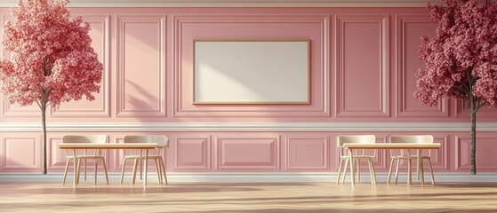 Pink room with decorative trees, picture frame on wall, tables & chairs in the foreground