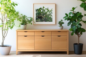 Interior scene wood sideboard potted plants framed art