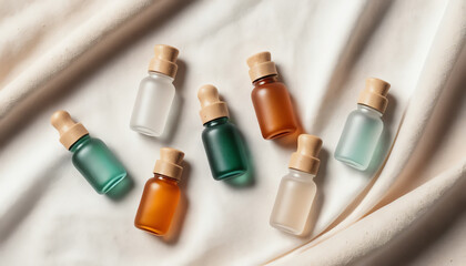 Aesthetic arrangement of glass bottles with wooden caps on soft fabric, showcasing natural beauty and elegance in minimalism.