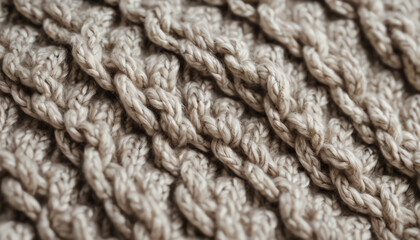 Close-up of textured knitted fabric showcasing intricate patterns and soft fibers, ideal for cozy fashion and handmade projects.