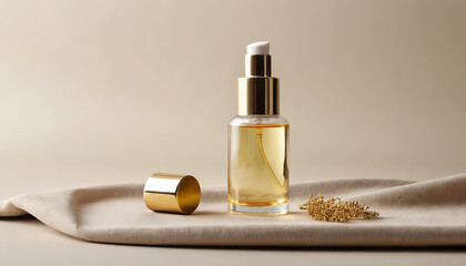 Naklejka premium Elegant skincare serum bottle with natural ingredients, enhancing beauty and wellness in a minimalist setting.