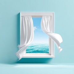 Bright and Serene Window View with Ocean and Cloudy Sky