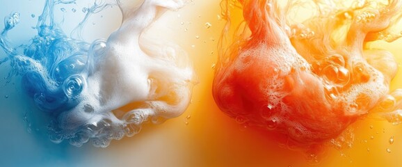 Abstract splash of color cool blue and warm orange merge, bubbling in a liquid