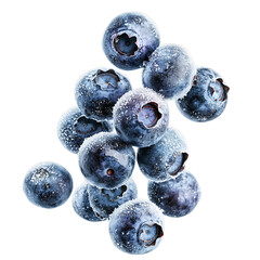 Falling frozen blueberries with frost. Isolated white background. Png format