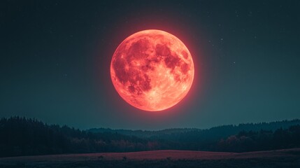 Fototapeta premium Pixelated Red Moon Over Dark Landscape at Night