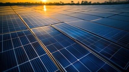 Aerial View of Solar Panel Array at Sunset with Golden Horizon