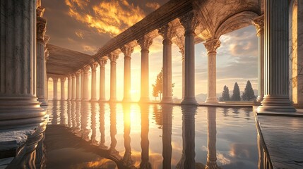 Ancient Roman Bathhouse Ruins Illuminated by Sunset Colors