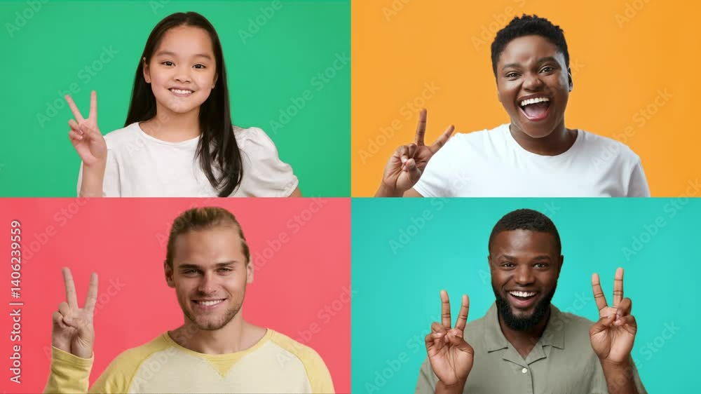 Poster A collection of happy individuals from diverse backgrounds, each showing a V gesture for victory. They appear joyful and positive against vibrant colored backgrounds.