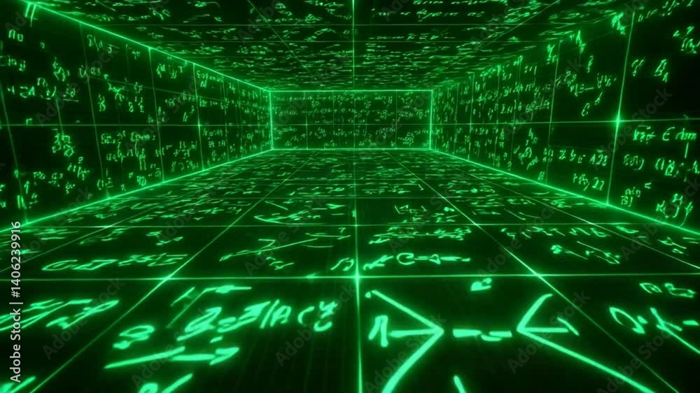 Poster camera moves through math formulas in virtual space generative ai