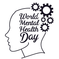 World Mental Health Day Celebration With Gear Mechanism In Silhouette Vector Design