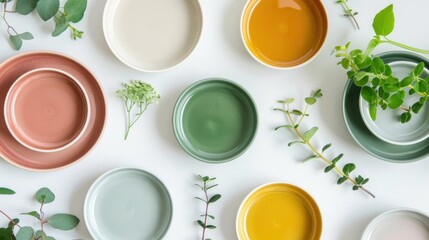 Colorful food variety display on light surface