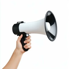 A hand gripping a loud speaker megaphone, delivering a powerful message against a crisp white backdrop.