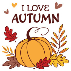 Festive Autumn Design With Pumpkin Leaves And Heart Accents On White Background