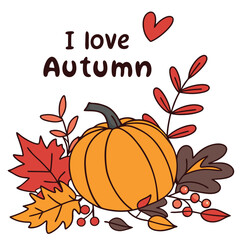 Cute Autumnal Illustration With Pumpkin Leaves And Heart Design Element
