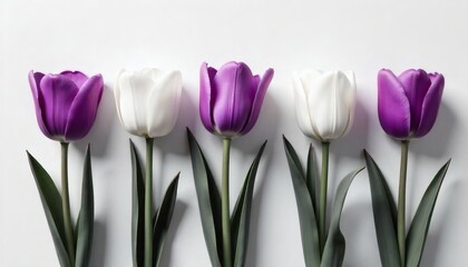 Fototapeta premium Bright spring tulips in a row, forming a colorful floral border on a white background.