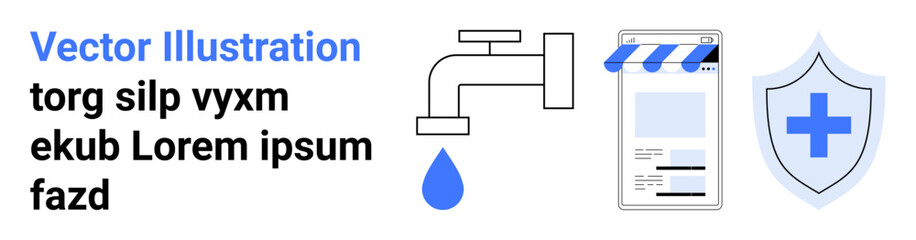 Obraz premium Water tap with droplet, online store interface, and shield with cross focus on sustainability, e-commerce, and health safety. Ideal for environment, retail, hygiene, health sustainability safety