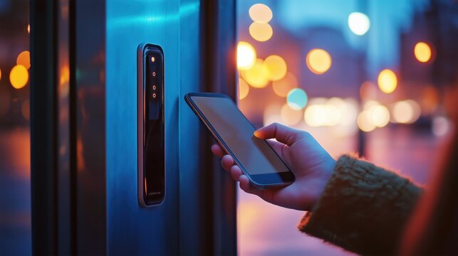 A person holding a smartphone, using it to unlock a dark-blue, metallic door with a rectangular embedded reader