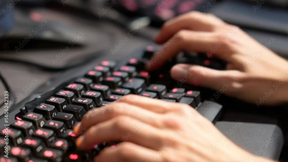 Poster close up hands typing on keyboard while programming and gaming generative ai