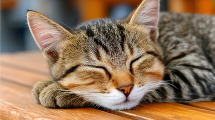 A little cat dozes peacefully on a rustic wooden table, embodying cuteness and tranquility in this charming scene.