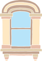 classic antique arched window with shades of beige flowers with two columns on the sides and a window sill with two decorative elements, hand drawn with curved black outlines