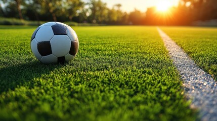 Fototapeta premium A soccer ball sits on vibrant green grass, near a white line, illuminated by the warm glow of the sun