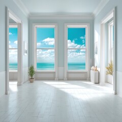 Fototapeta premium Serene Coastal View from Modern Bright Room with Large Windows