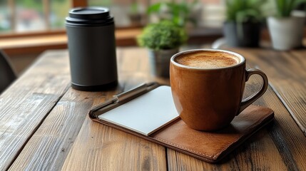 Cozy morning scene with a mug, flask, notepad, and plants on a rustic wooden table